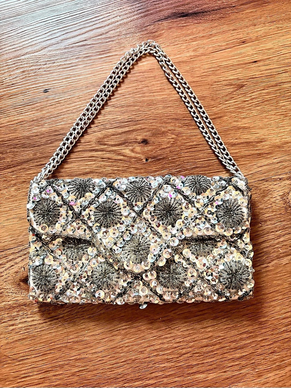 Silver Sequin Chain Shoulder Bag